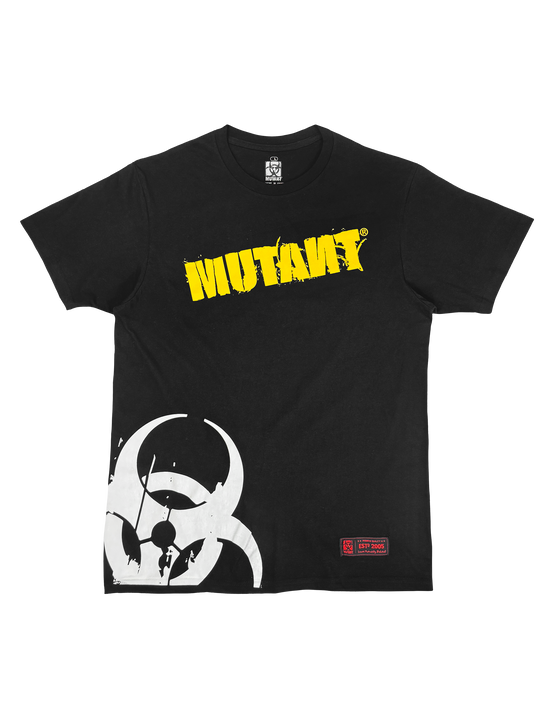 MUTANT® BORN HARDCORE BIOHAZARD GYM T-SHIRT (BLACK W/ YELLOW)