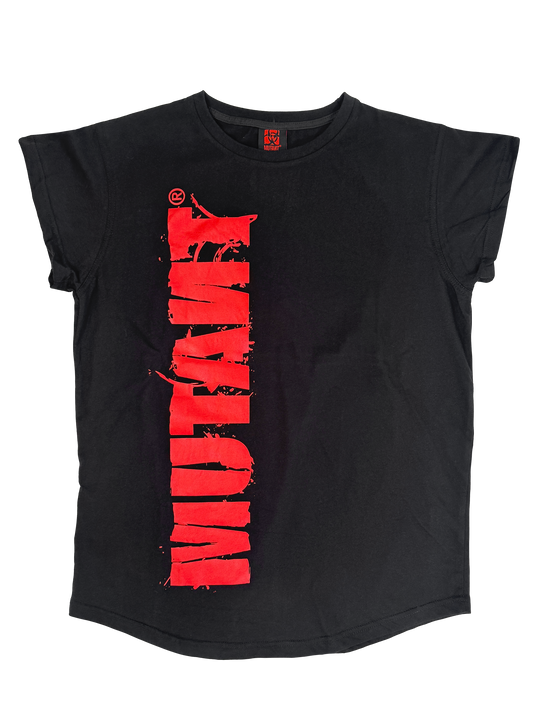 MUTANT® BORN HARDCORE WOMEN’S HARDLINE CUT-OFF GYM SHIRT (BLACK & RED)