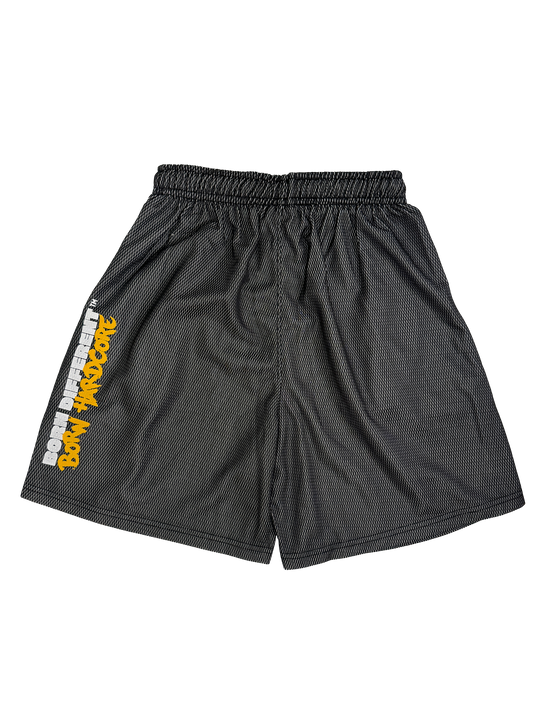MUTANT® BORN HARDCORE 5” GYM SHORTS  - BLACK & YELLOW