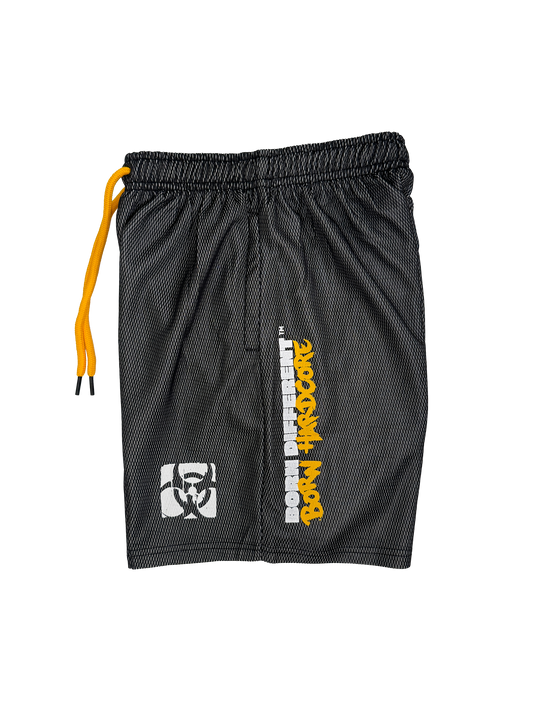 MUTANT® BORN HARDCORE 5” GYM SHORTS  - BLACK & YELLOW