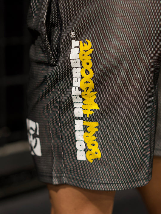 MUTANT® BORN HARDCORE 5” GYM SHORTS  - BLACK & YELLOW