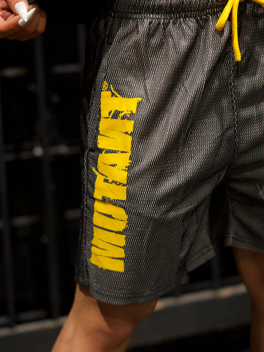 MUTANT® BORN HARDCORE 5” GYM SHORTS  - BLACK & YELLOW