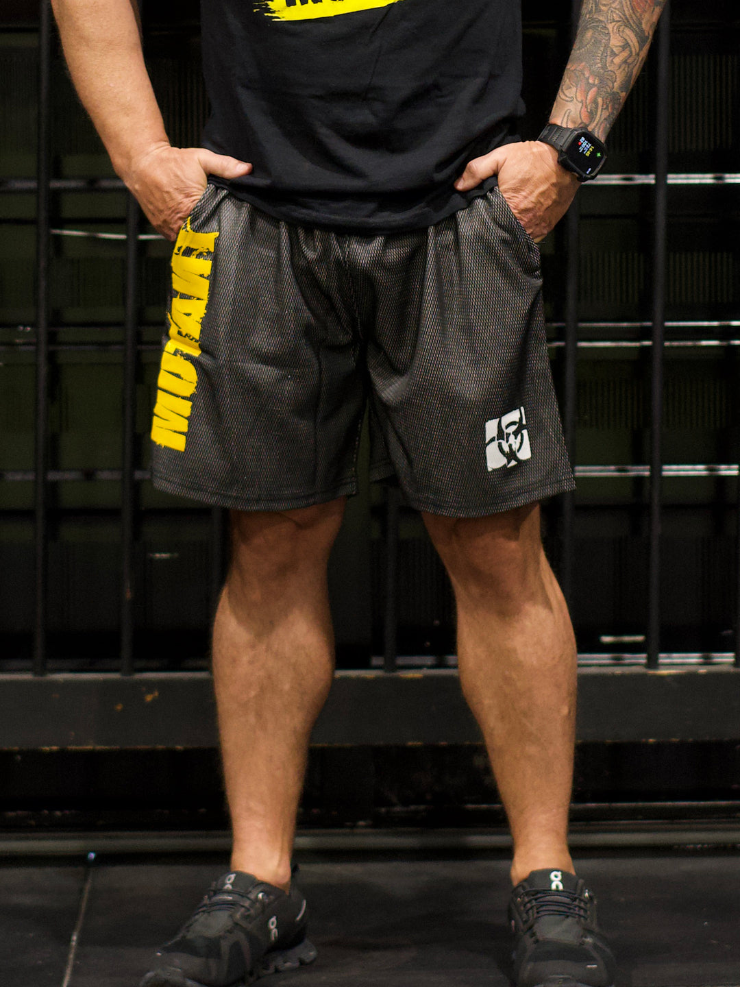 MUTANT® BORN HARDCORE 5” GYM SHORTS  - BLACK & YELLOW
