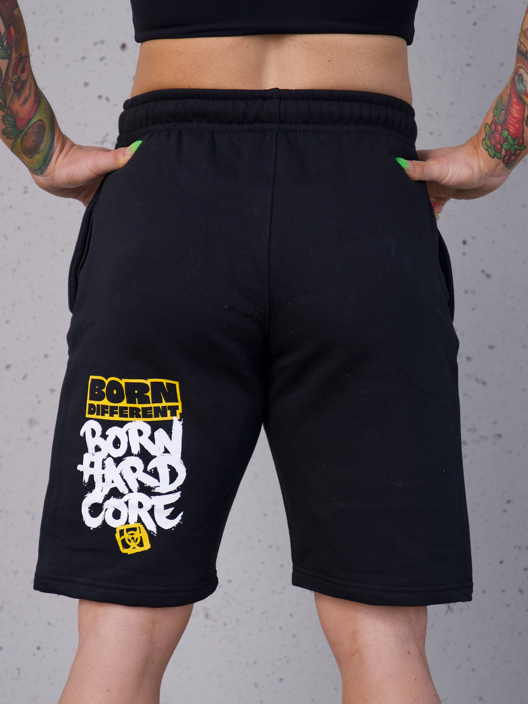 MUTANT® BORN HARDCORE 9" Graffiti Gym Shorts (Black & Yellow)