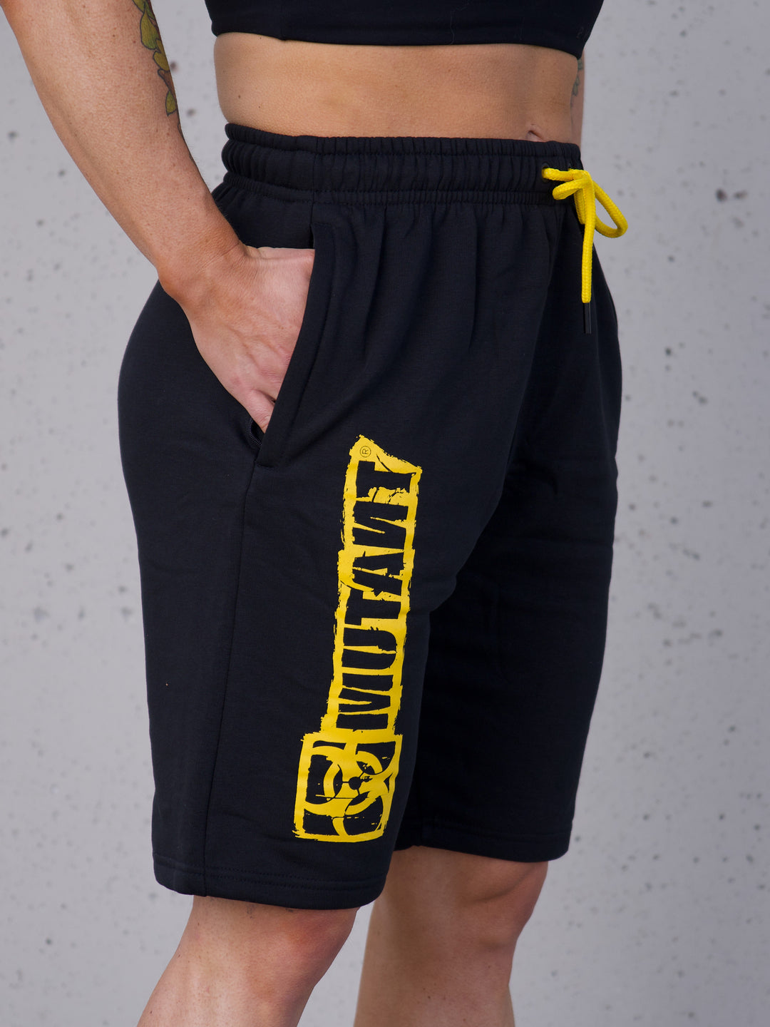 MUTANT® BORN HARDCORE 9" Graffiti Gym Shorts (Black & Yellow)