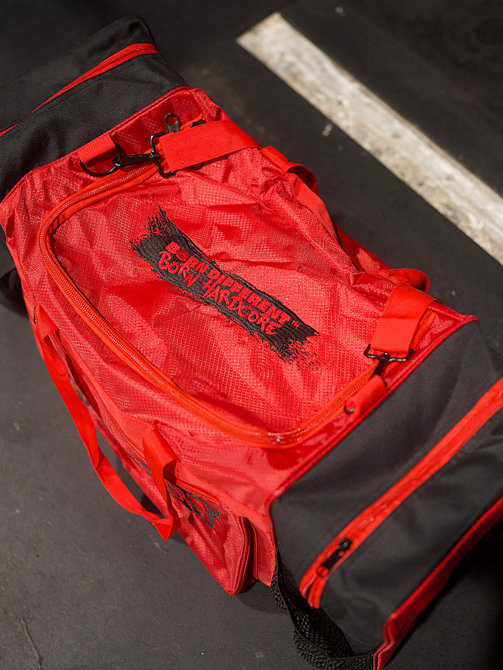 MUTANT® BORN HARDCORE Duffle Gym Bag (Red, Black Edge)