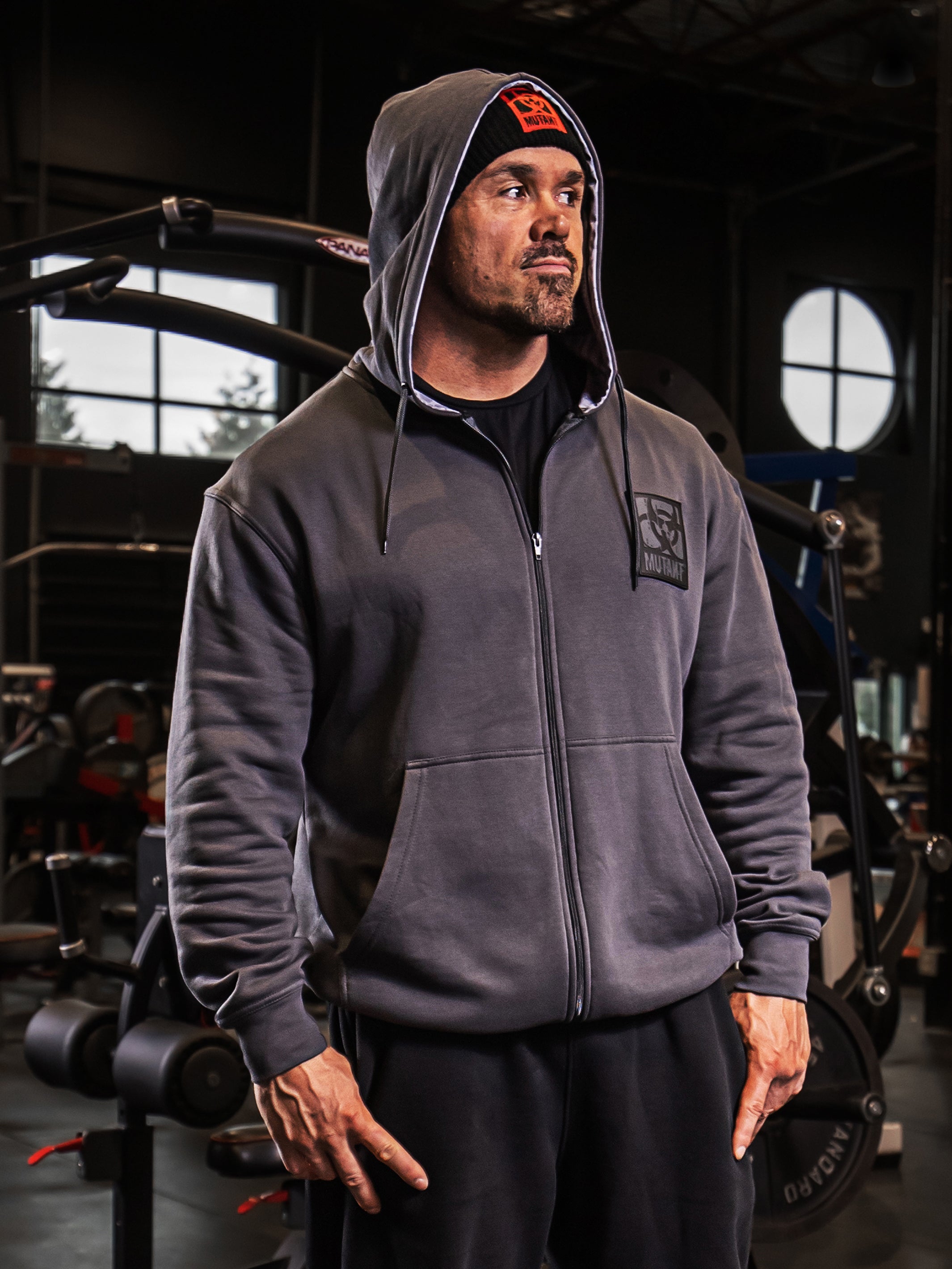 Patched Zip Up Gym Hoodie Grey